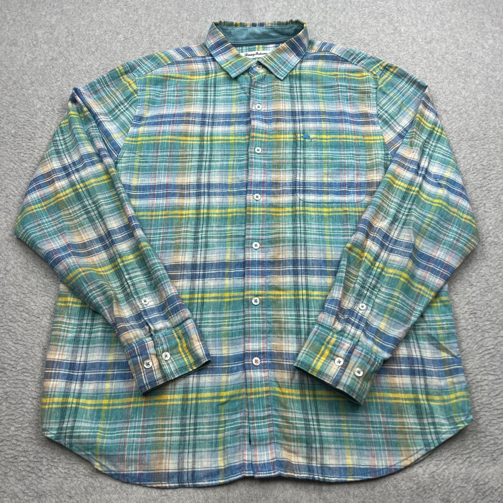Tommy Bahama Nod To Madras Shirt Mens Large Teal Plaid IslandZone Linen Button